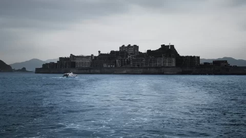 Battleship Island Gunkanjima from Boat, Nagasaki, Japan.