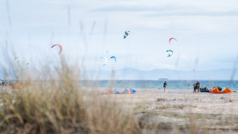 Kitesurfing at Playa de los Lances, Tarifa, Costa de la Luz, Spain.