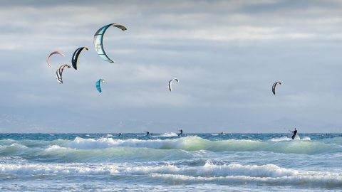 Kitesurfing at Playa de los Lances, Tarifa, Costa de la Luz, Spain.