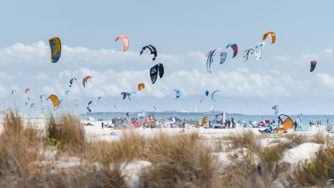 Kitesurfing at Playa de los Lances, Tarifa, Costa de la Luz, Spain.